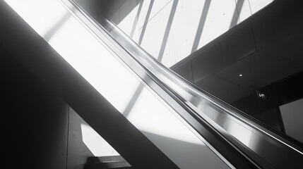Obraz premium Escalator movement in modern architecture urban space black and white photography minimalist design upward perspective