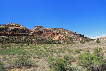 Rock Formations in Colorado National Monument Park with blue sky copy space.  Located in Fruita, Colorado, USA.