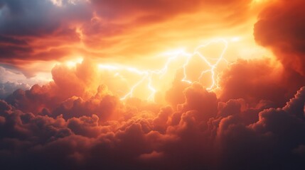 Fototapeta premium Fiery Sunset Storm Clouds with Lightning