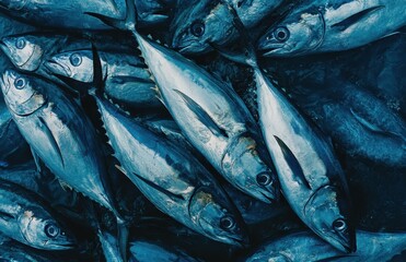 Obraz premium Fresh Bluefin Tuna Caught from the Ocean Ready for Market Display with Iridescent Skin Glimmering Under Natural Light