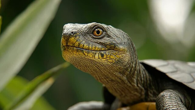 Close-up of a turtle among lush greenery in a natural habitat under soft daylight