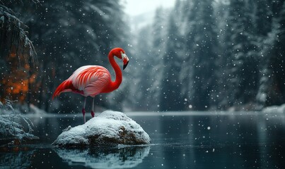 Fototapeta premium Elegant Flamingo Standing on a Snowy Rock Beside a Serene Lake in Winter Landscape