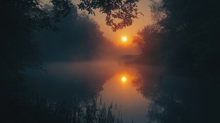 Naklejka premium Serene sunrise reflection over misty river tranquil landscape nature photography peaceful environment early morning glow