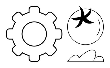 Gear symbol, globe with creative design, and simple cloud outline. Ideal for innovation, technology, productivity, teamwork, globalization creativity and connections. Flat simple metaphor