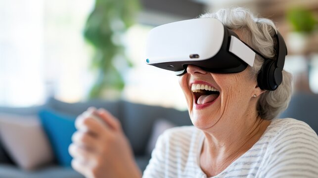 Elderly woman enjoys virtual reality gaming experience with laughter