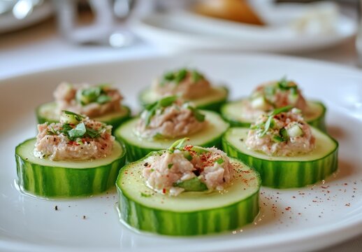 Fresh Cucumber Slices Topped with Savory Tuna and Herbs on a White Plate for Gourmet Dining Experience