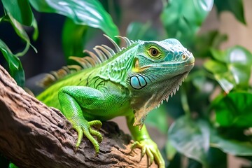 Iguanas amidst the lush foliage, hiding in tree branches, sharp eyes watching every movement. Habitat in humid tropical forests, the most suitable place for this reptile to live