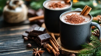 Warm cups of hot chocolate with cinnamon and cocoa on a rustic wooden table
