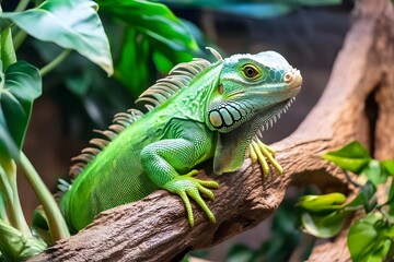Fototapeta premium Iguanas amidst the lush foliage, hiding in tree branches, sharp eyes watching every movement. Habitat in humid tropical forests, the most suitable place for this reptile to live