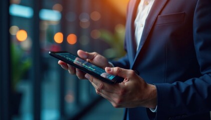 Businessman holding a tablet with stock market data, financial data, business, money