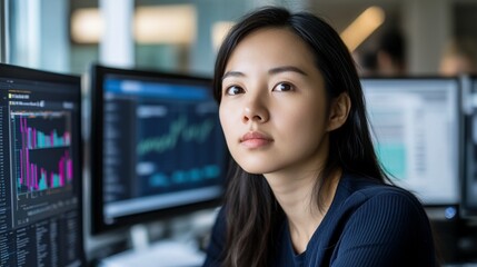 Focused Woman Analyzing Data at Office Desk