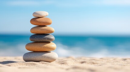 Fototapeta premium Tranquil stone pyramid balanced on sandy beach with ocean waves in background