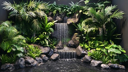 Lush indoor waterfall garden display