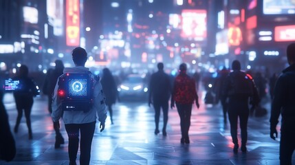 Futuristic City Night, Crowds Walking, Neon Lights