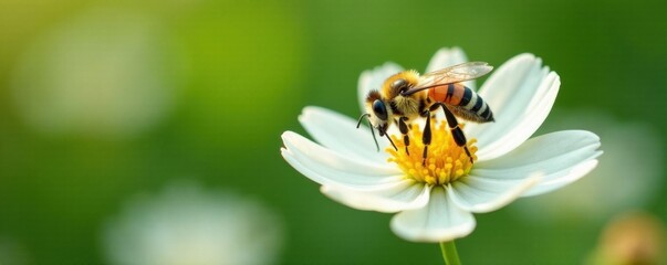 Close-up of a single bee hovering above a white floral pattern, flowers, insect, delicate