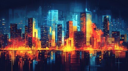 Futuristic Cityscape at Night, Vibrant Lights