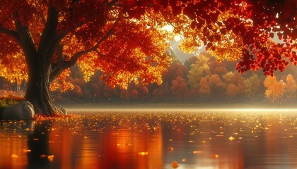 Fototapeta premium Vibrant Autumn Scene with Red Leaves, Calm Water, and Soft Golden Light at Dusk