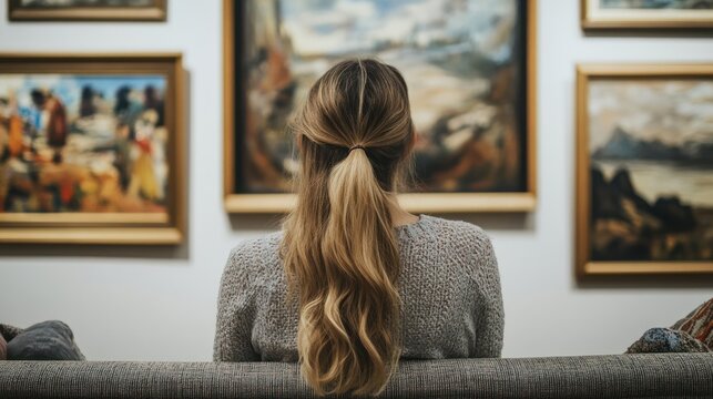 A woman viewing artworks displayed on a gallery wall