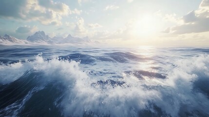 Majestic sunset over stormy icy ocean waves