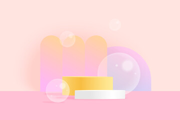 Bright background with figures, bubbles and podium stand platform painted with gradients. Product presentation template.