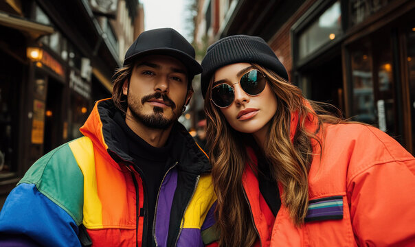 Stylish Young Couple in Colorful Jackets Posing in Trendy Urban Alleyway