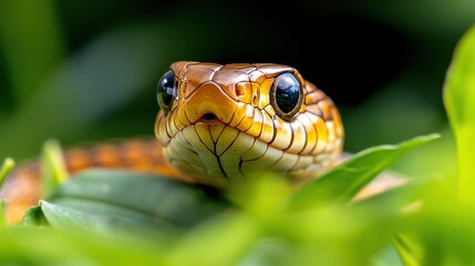 Smooth snake poised in the grass, ready to strike under soft sunlight