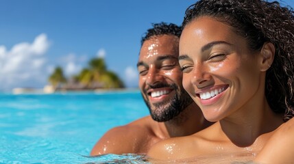 Couple enjoying a sunny beach vacation near a luxurious swimming pool