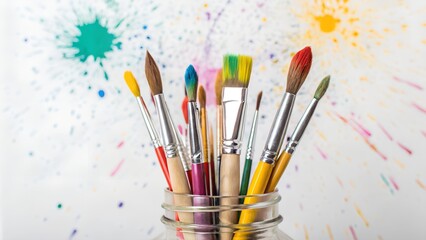 Fototapeta premium Colorful artist paintbrushes in mason jar creative studio art supplies vibrant background