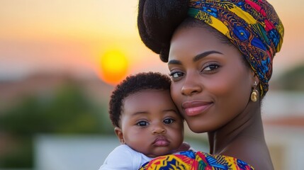 Caring mother embraces her baby at sunset in a tranquil outdoor setting