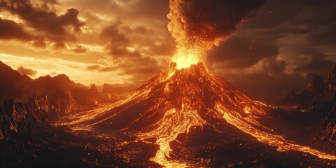 Erupting Volcano with Lava Flowing and Smoke