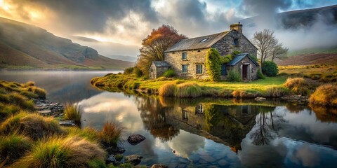 Fototapeta premium Eerie Abandoned Lake House on Wild Boar Fell, Dramatic Sky, Urban Exploration Photography