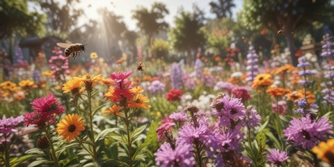 A bee collecting pollen from a colorful organic flower garden, botany, plants