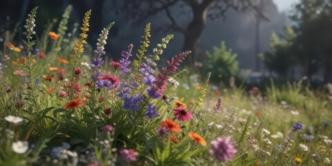 A bouquet of colorful wildflowers swaying in the breeze with stems and leaves, wildflowers,  colorful flowers