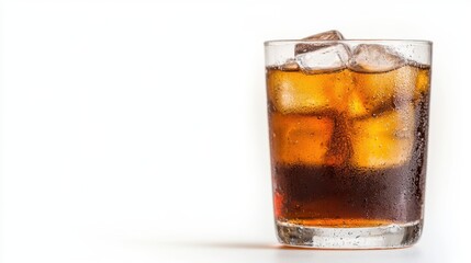 Refreshing cola drink with ice cubes on a bright white background
