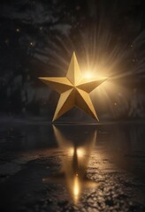 A single golden star shines brightly against the darkness of a vast emptiness,  heavenly,  ambient light