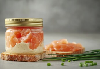 Fresh salmon in jar on rustic bread slices garnished with chives on gray background perfect for culinary and food photography stock imagery
