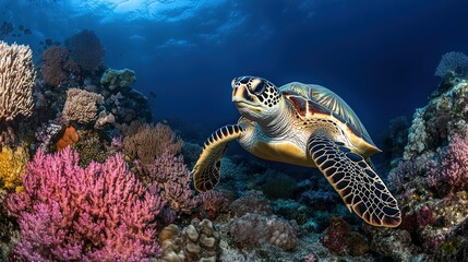 Fototapeta premium Majestic Sea Turtle Swimming Among Vibrant Coral Reefs in Clear Blue Ocean Waters