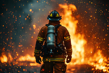 Fototapeta premium Firefighter in Action Amidst Flames