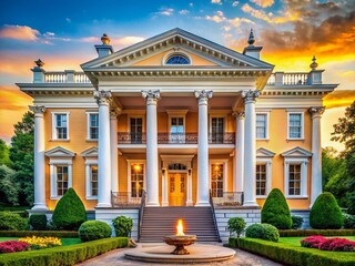 Obraz premium Elegant 1820s Neoclassical Mansion Exterior, Architectural Detail, Historic Building Facade