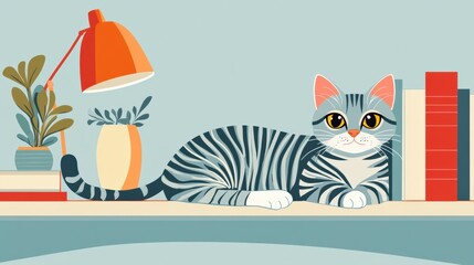 A cozy cat sleeps on a bookshelf, tail dangling. Warm lighting, books, and plants in the background