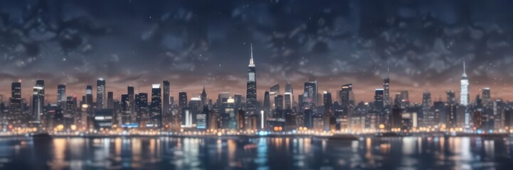 Fototapeta premium Cityscape at dusk with twinkling lights and abstract circular bokeh on blue background, glow, blue sky