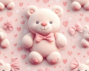 Obraz premium Pink Teddy Bear, Hearts, Bows, Pattern