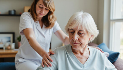 Caregiver comforting elderly woman in cozy indoor setting