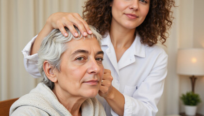 Woman receiving hair treatment from stylist in cozy salon