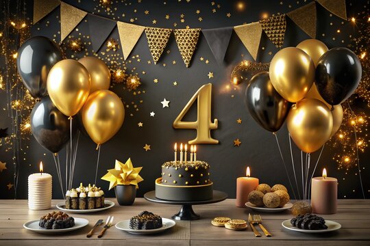 Elegant Black & Gold 4th Birthday Party Decorations - Stock Photo