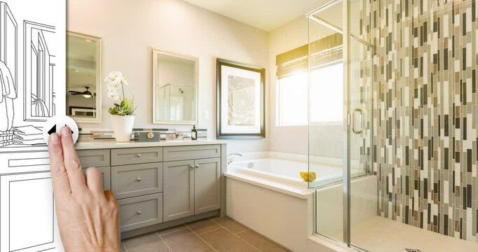 Female Hand Swiping A Before and After Comparison Bar of A Bathroom Drawing to Finished Remodel