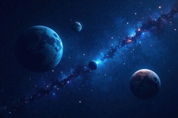 Fototapeta premium Dark Blue Space Background with Twinkling Stars, Planets, and Moons in Orbit , planets, stars, dark blue