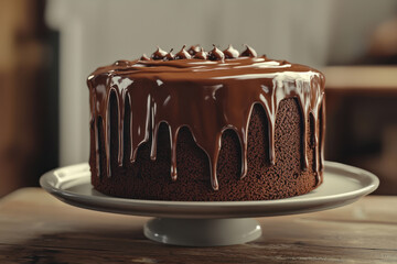 A chocolate cake with dripping icing, rich brown tones, and soft daylight creates delightful scene
