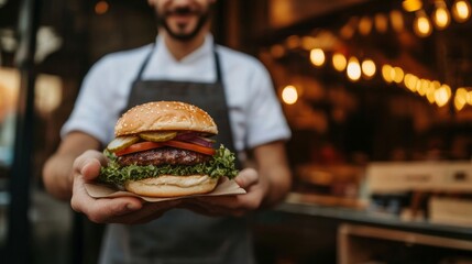 Waiter serving a freshly prepared burger to an outdoor summer dining area at a cozy street cafe, showcasing fast food dining experience in a relaxed urban setting with warm ambiance