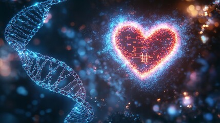 Obraz premium Glowing Heart and DNA Helix in Space